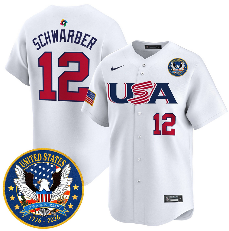 Men Team USA World Baseball Classic 250th Anniversary12 Schwarber white 2026 Roster Patch Vapor Jersey